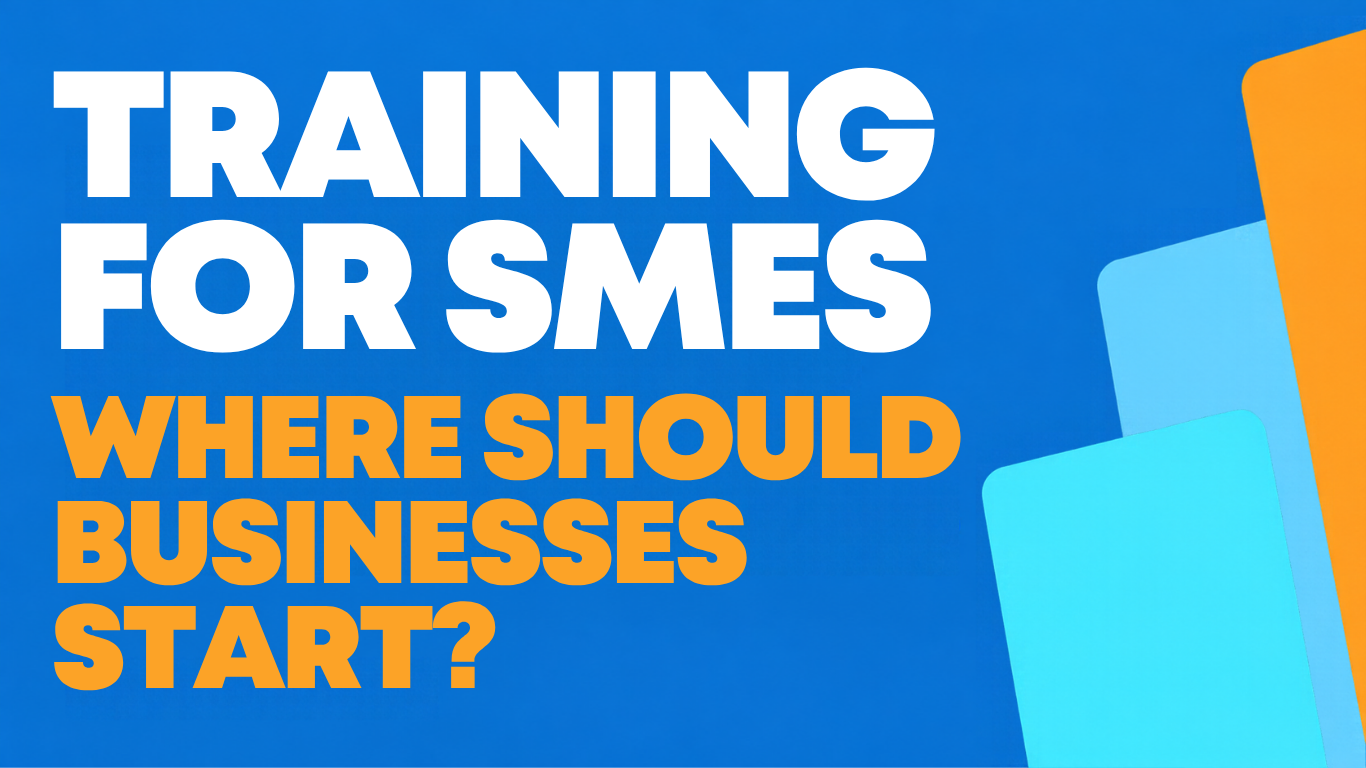 Training for SMEs: Where Should Businesses Start? Optimum Results graphic with blue, cyan and orange blocks.